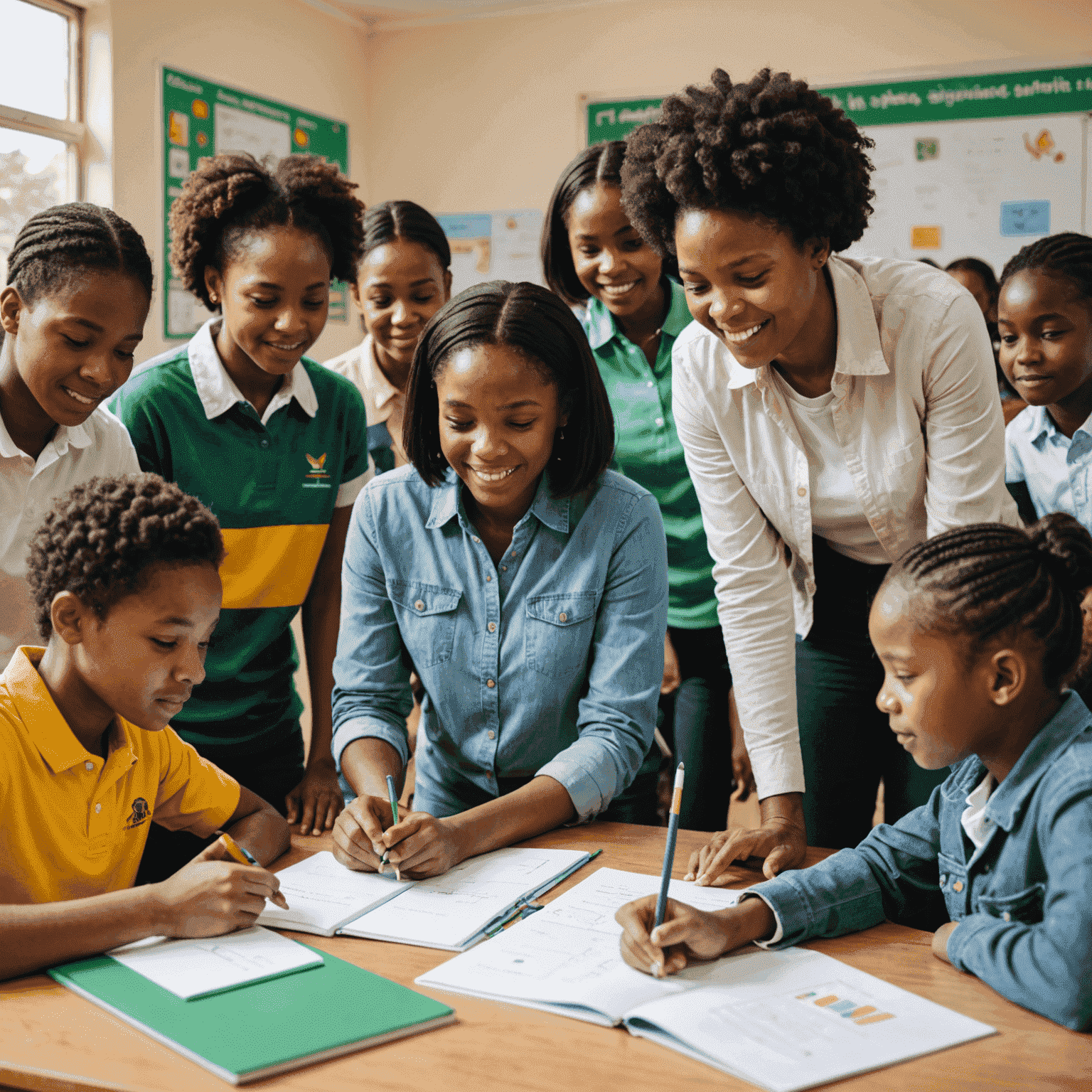 A diverse group of South African students and mentors collaborating in a bright, modern classroom setting. The image showcases the inclusive nature of SkillBridge LearnSA, with people of various ages and backgrounds engaged in learning activities.