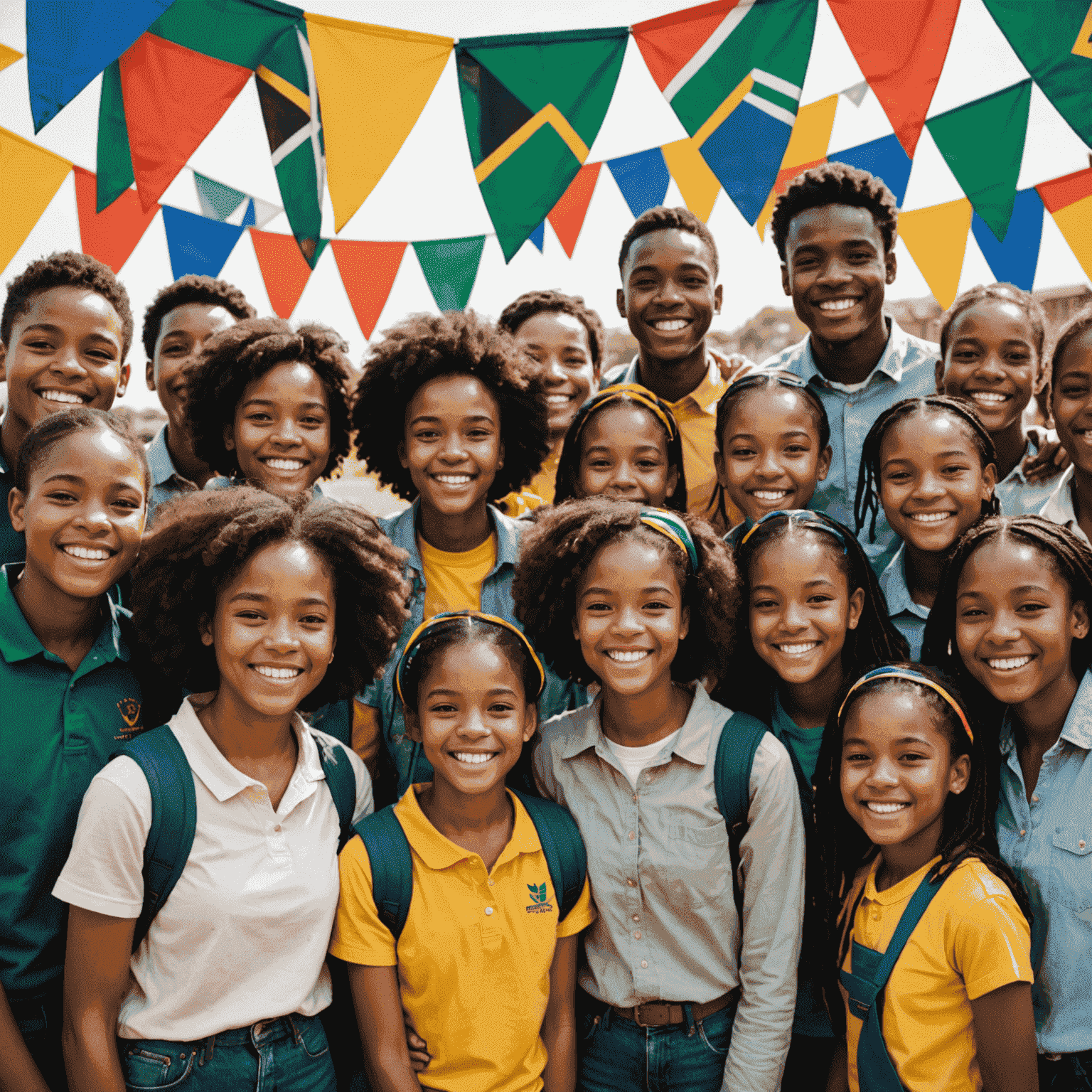 A group of diverse South African students and mentors celebrating their achievements, with colorful banners and smiling faces