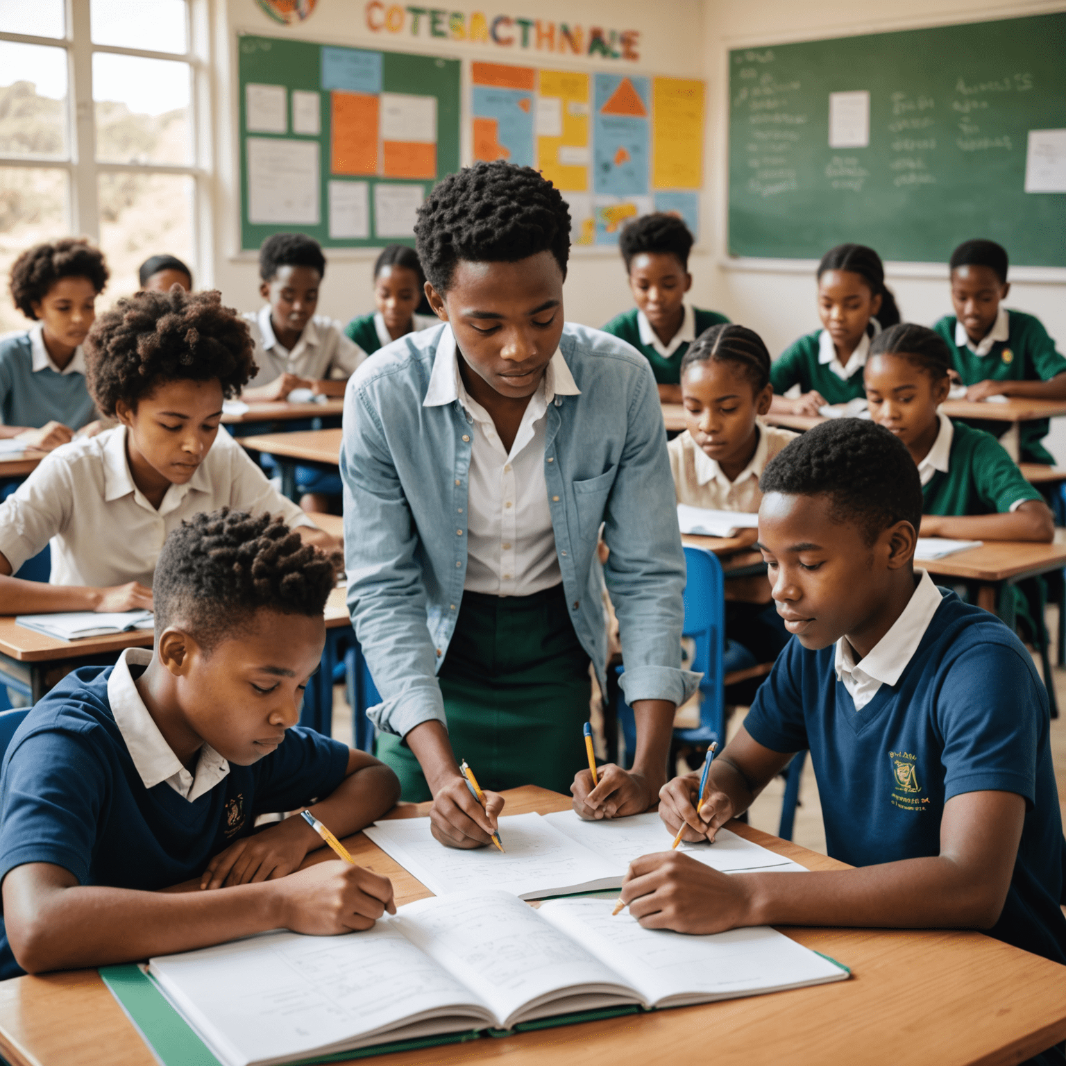 Diverse group of South African students collaborating in a bright, modern classroom setting, showcasing equal access to education