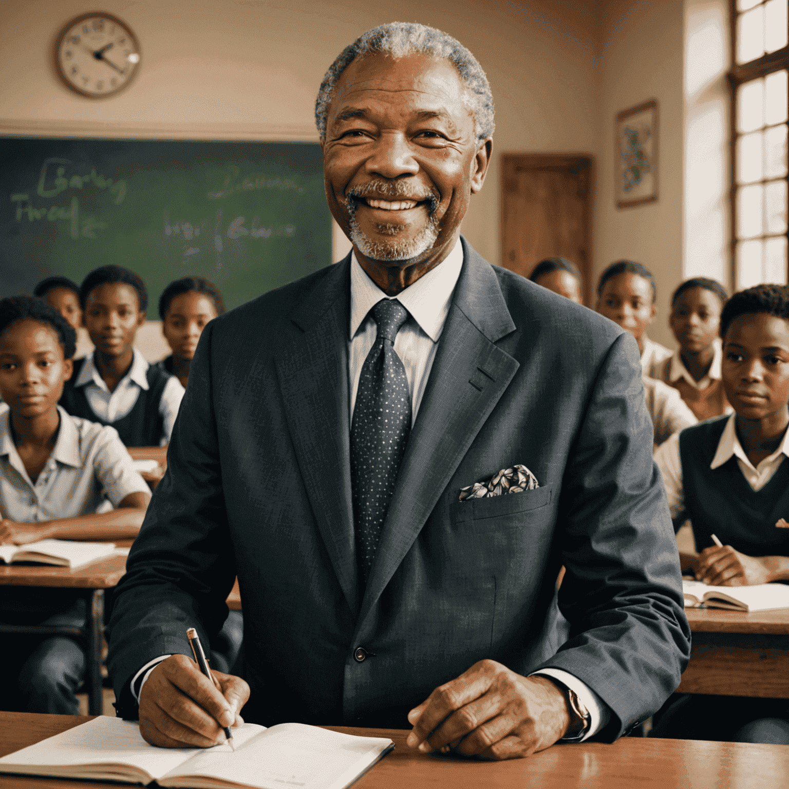 Thabo Mbeki, a middle-aged man with a warm smile, teaching a group of students in a classroom setting