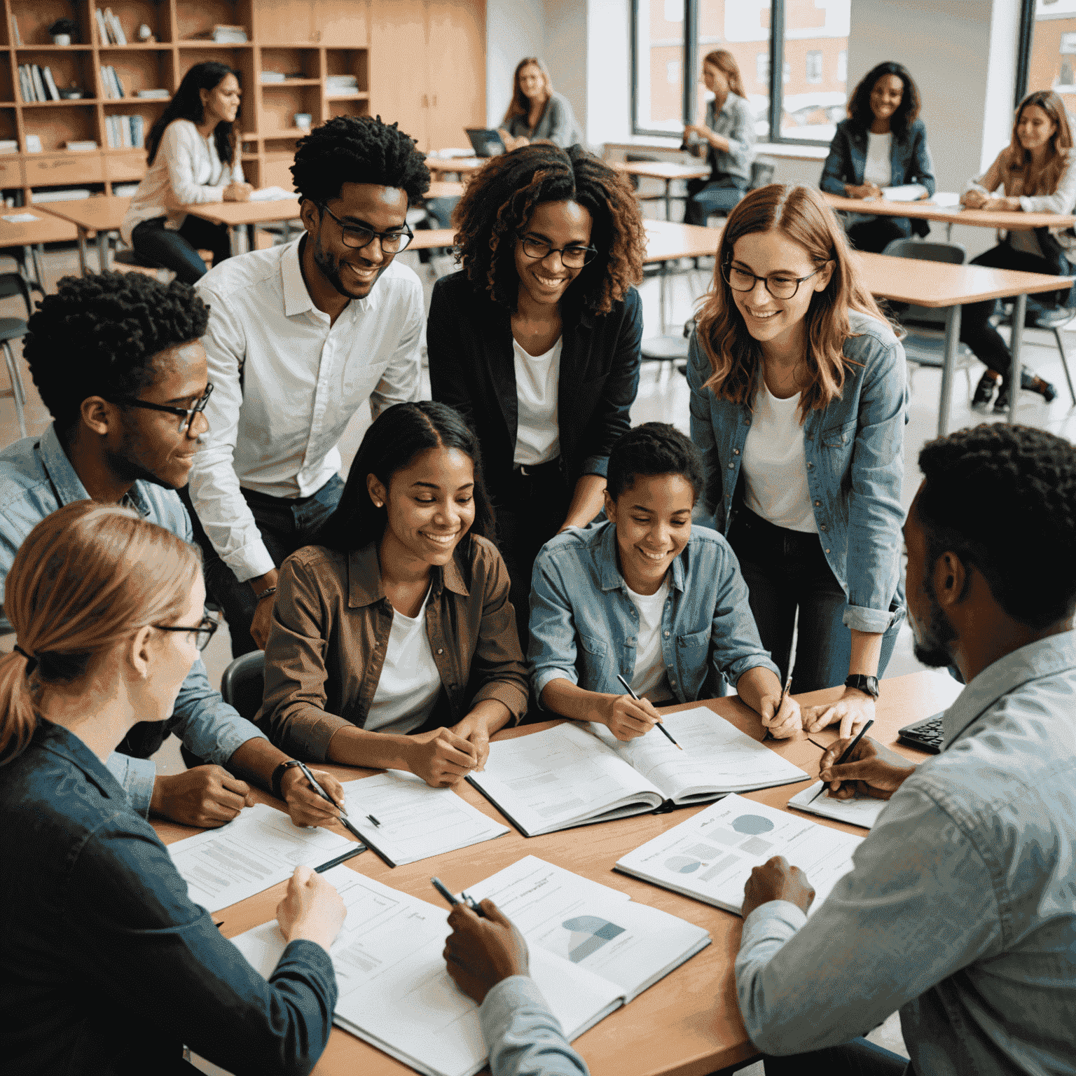 A diverse group of students and mentors engaged in a discussion, symbolizing the mentorship program. The image shows people of different ages and backgrounds collaborating in a bright, modern study space.