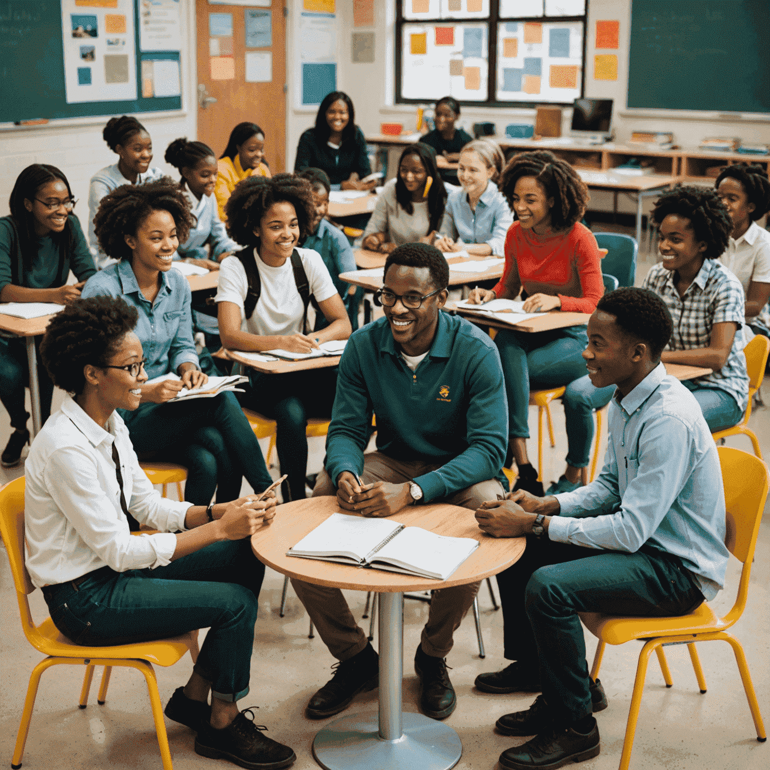 A diverse group of South African students and mentors engaged in a lively discussion, sharing ideas and experiences in a bright, modern classroom setting
