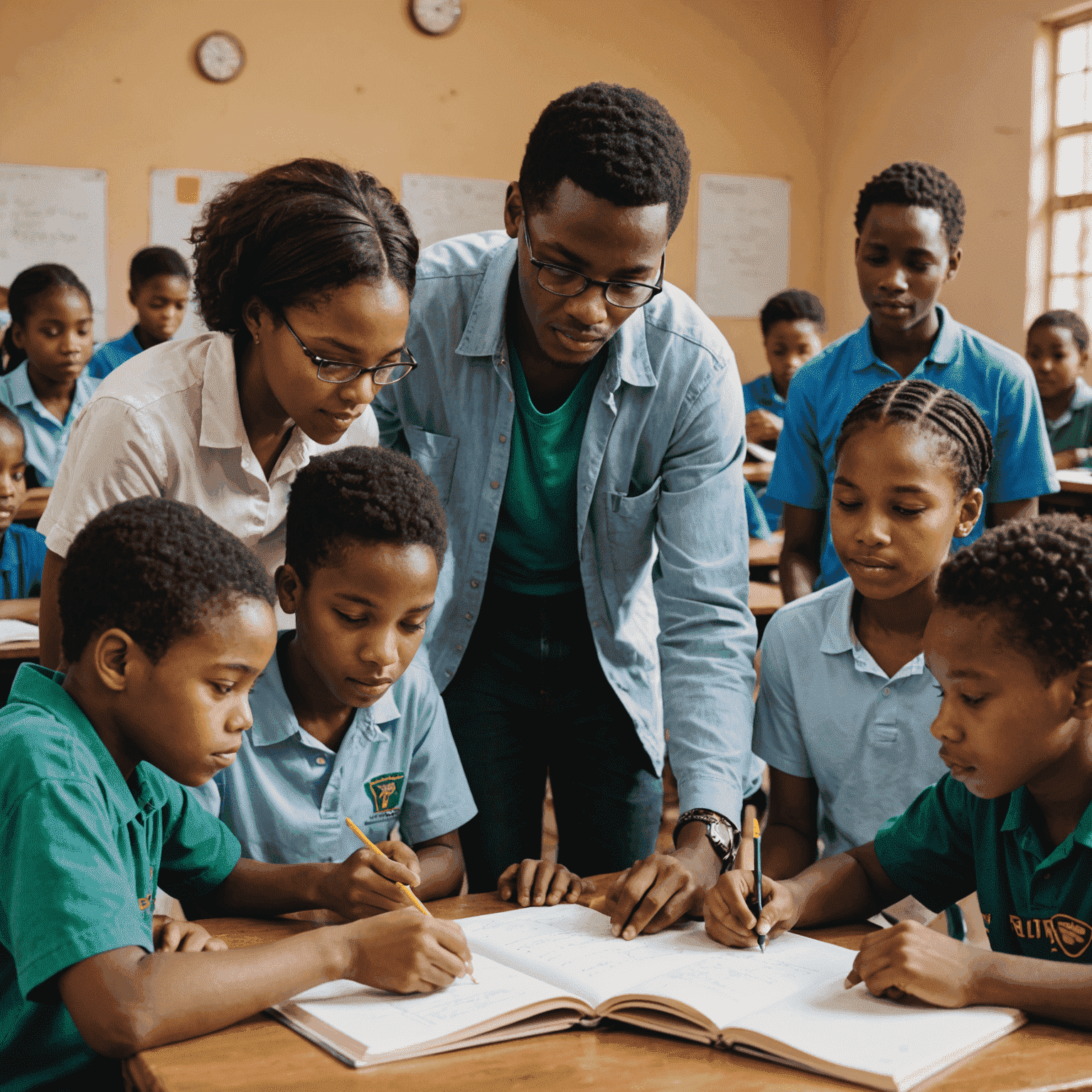 A diverse group of South African students receiving tutoring from a volunteer, showcasing the impact of one-on-one educational support