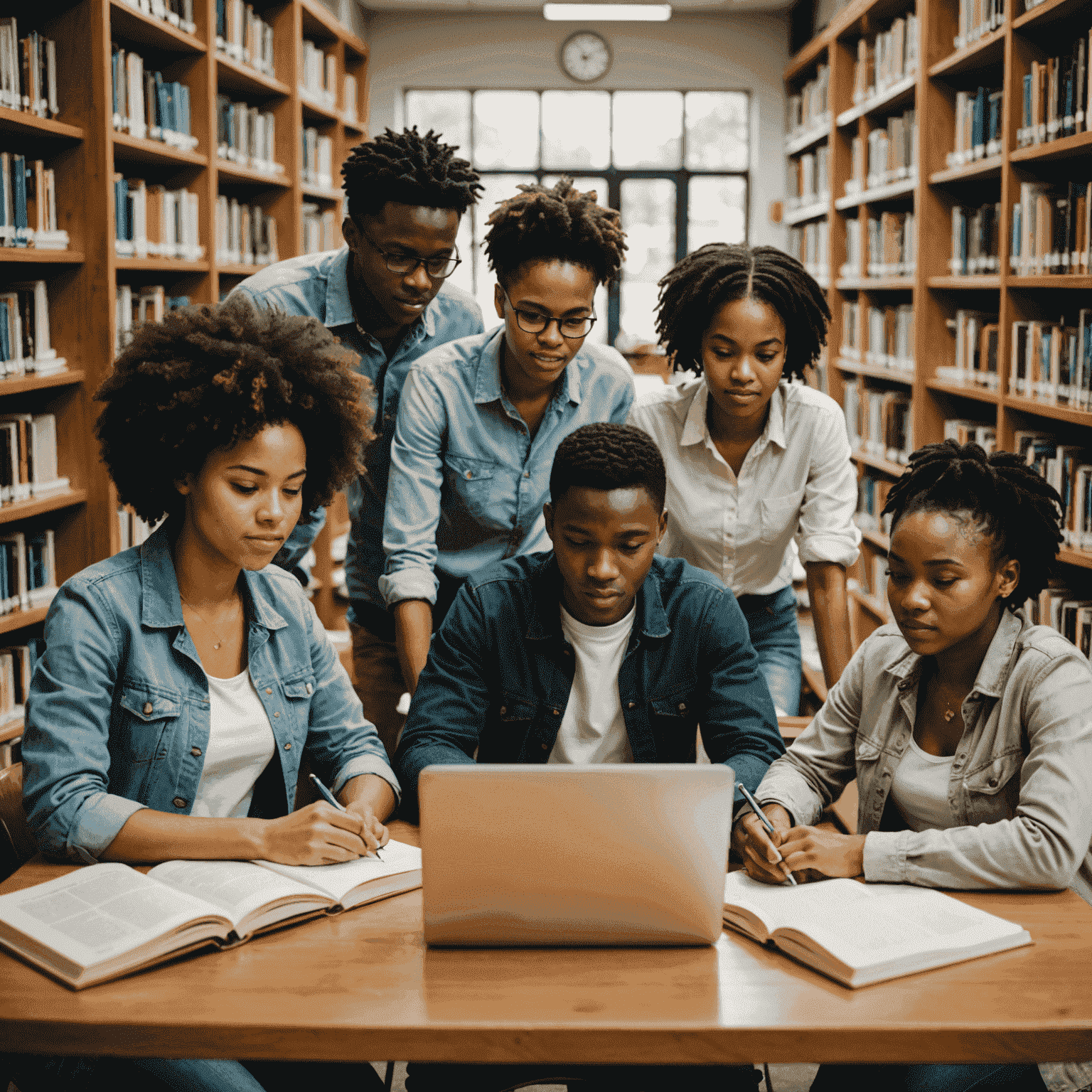 A group of diverse South African students studying together in a library, surrounded by books and using laptops