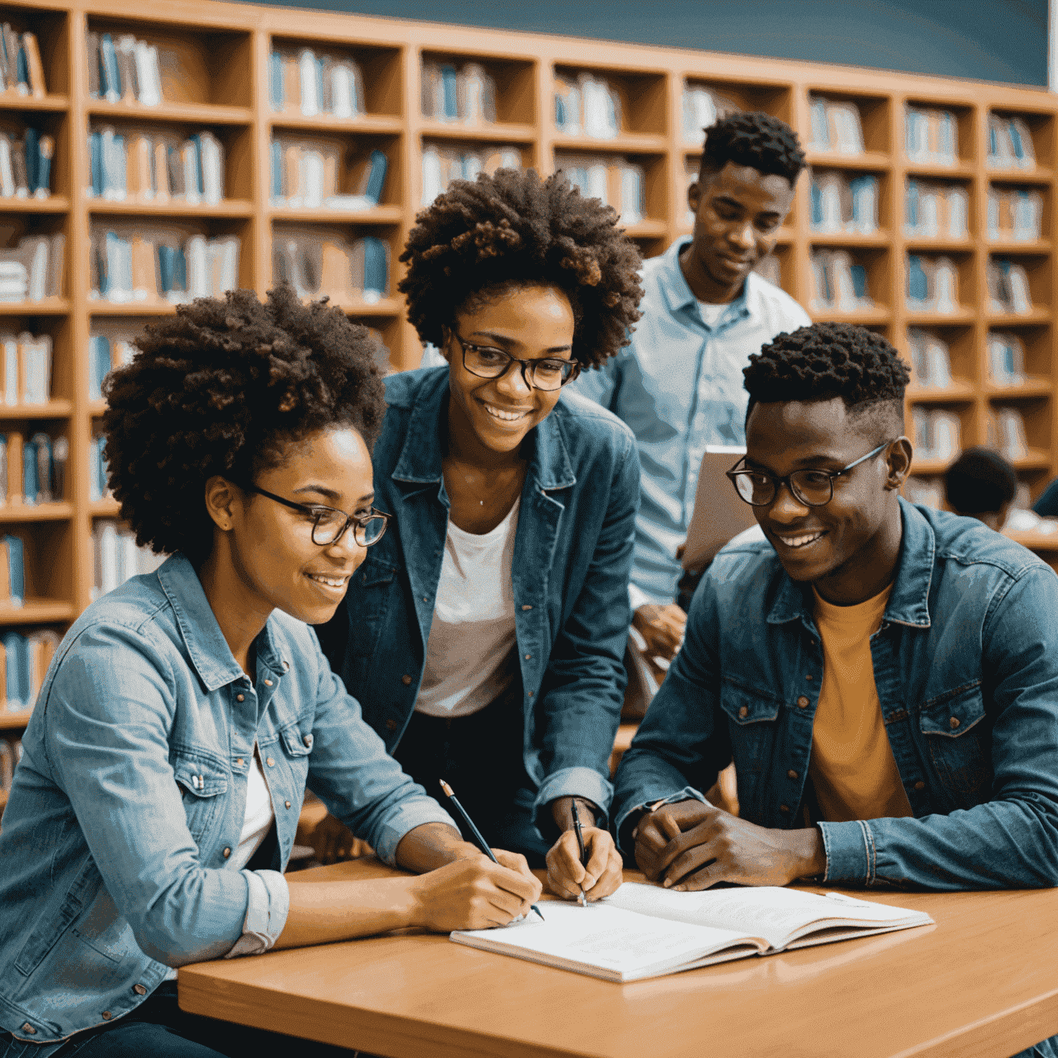 A diverse group of South African students studying together in a bright, modern library setting