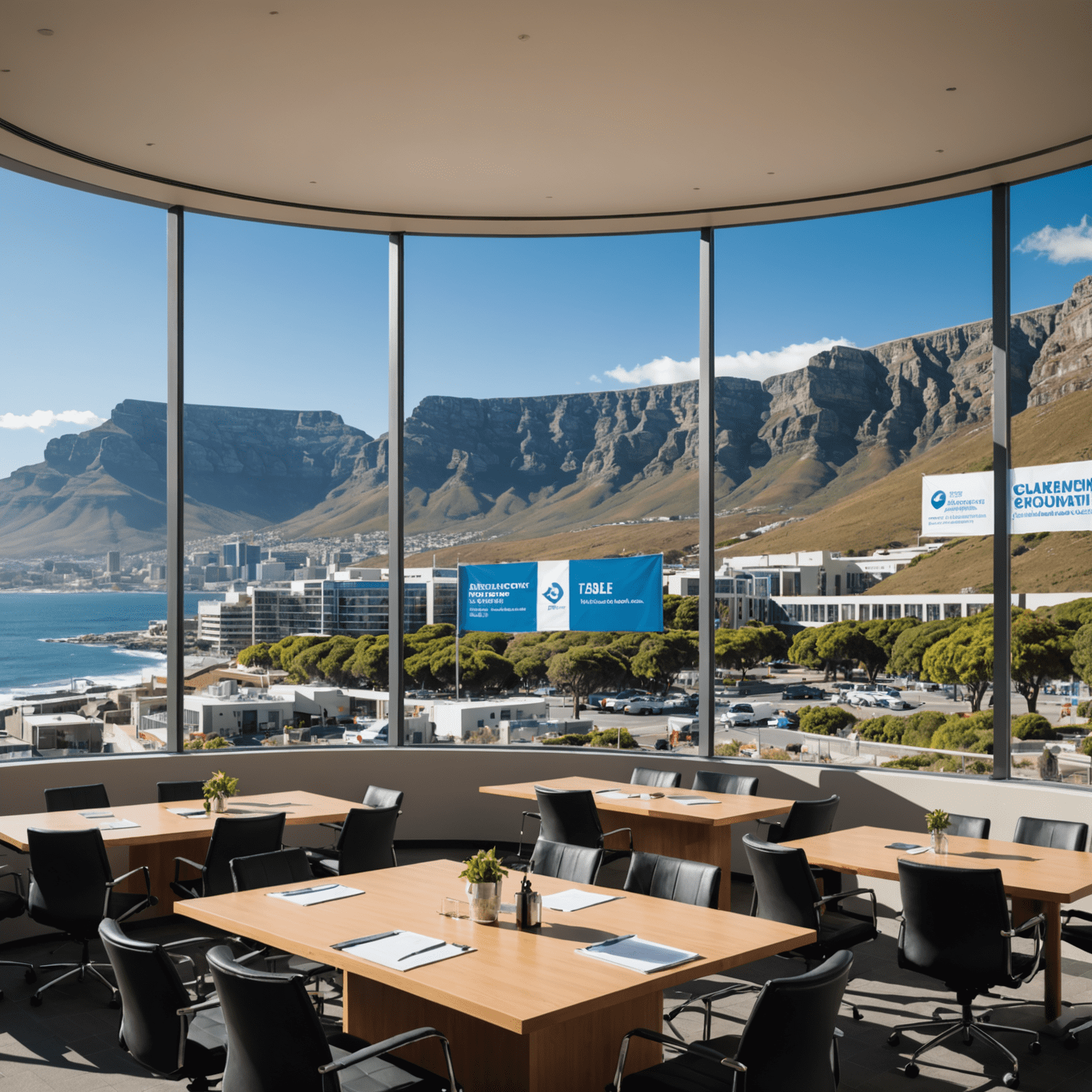 A panoramic view of Cape Town's iconic Table Mountain with a modern conference center in the foreground, decorated with educational banners
