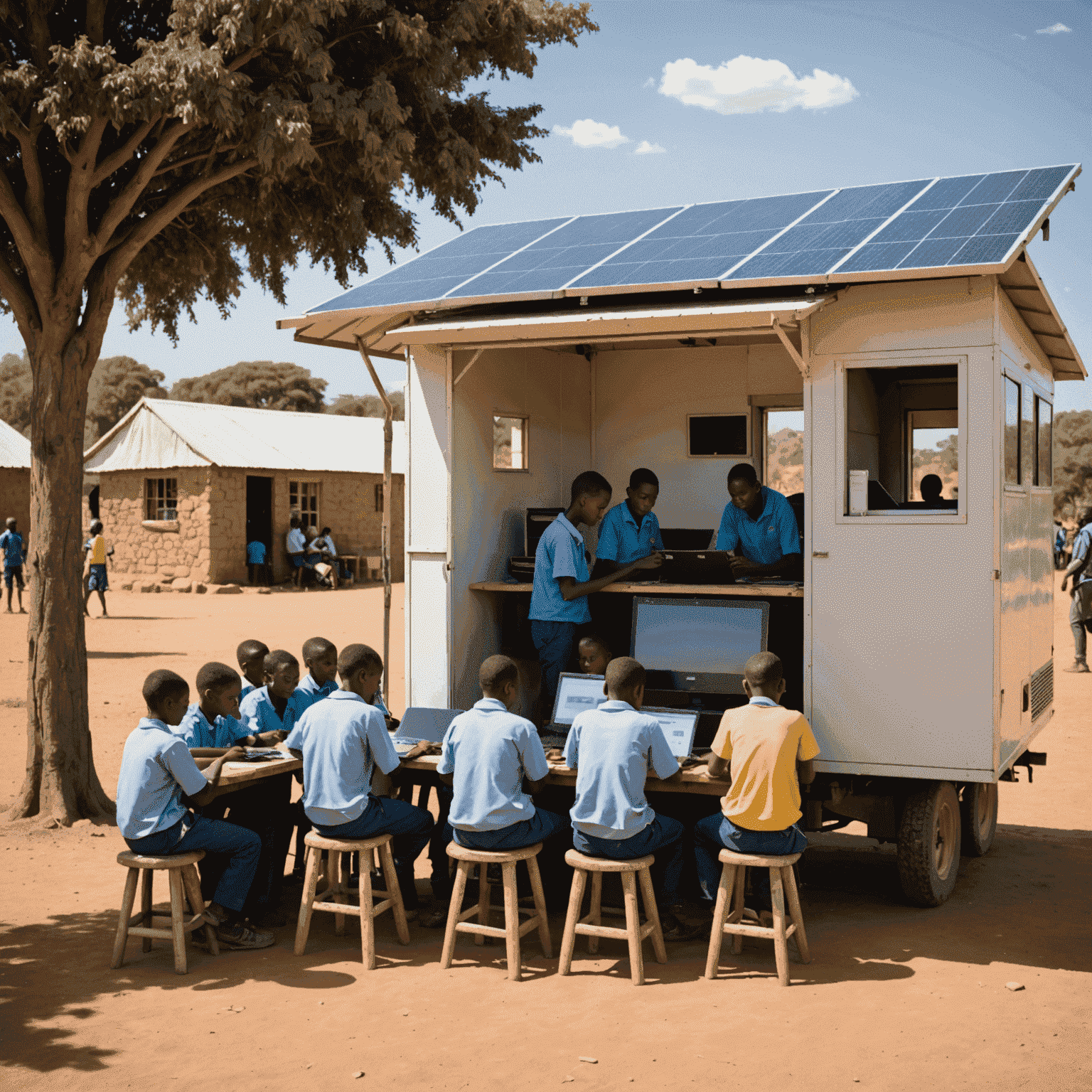 A mobile learning center in a rural South African village, with students eagerly using computers powered by solar panels