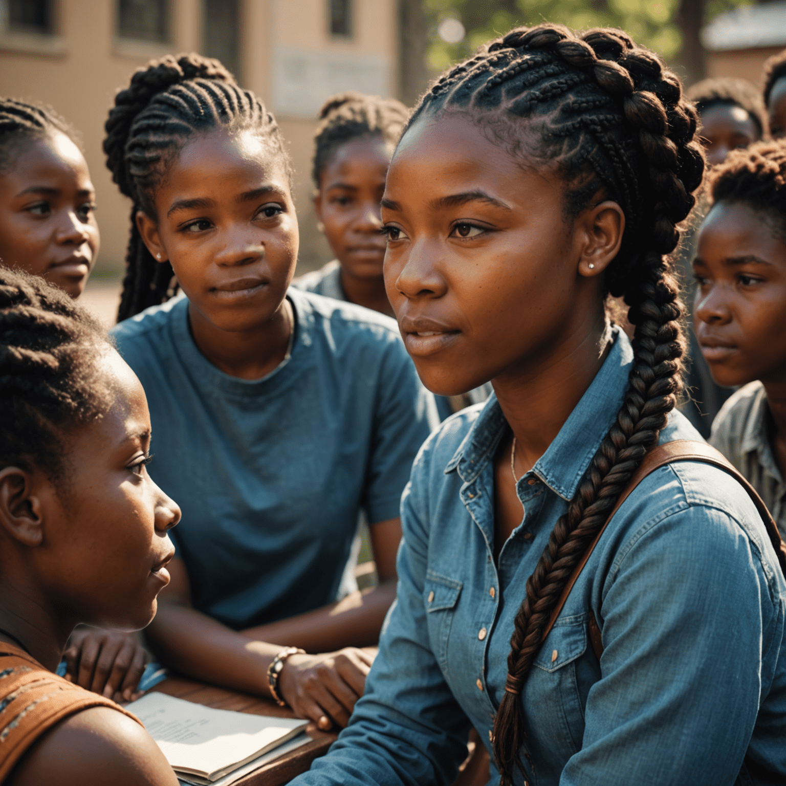 Nomsa Dlamini, a young woman with braided hair, engaged in a lively discussion with a group of teenage students