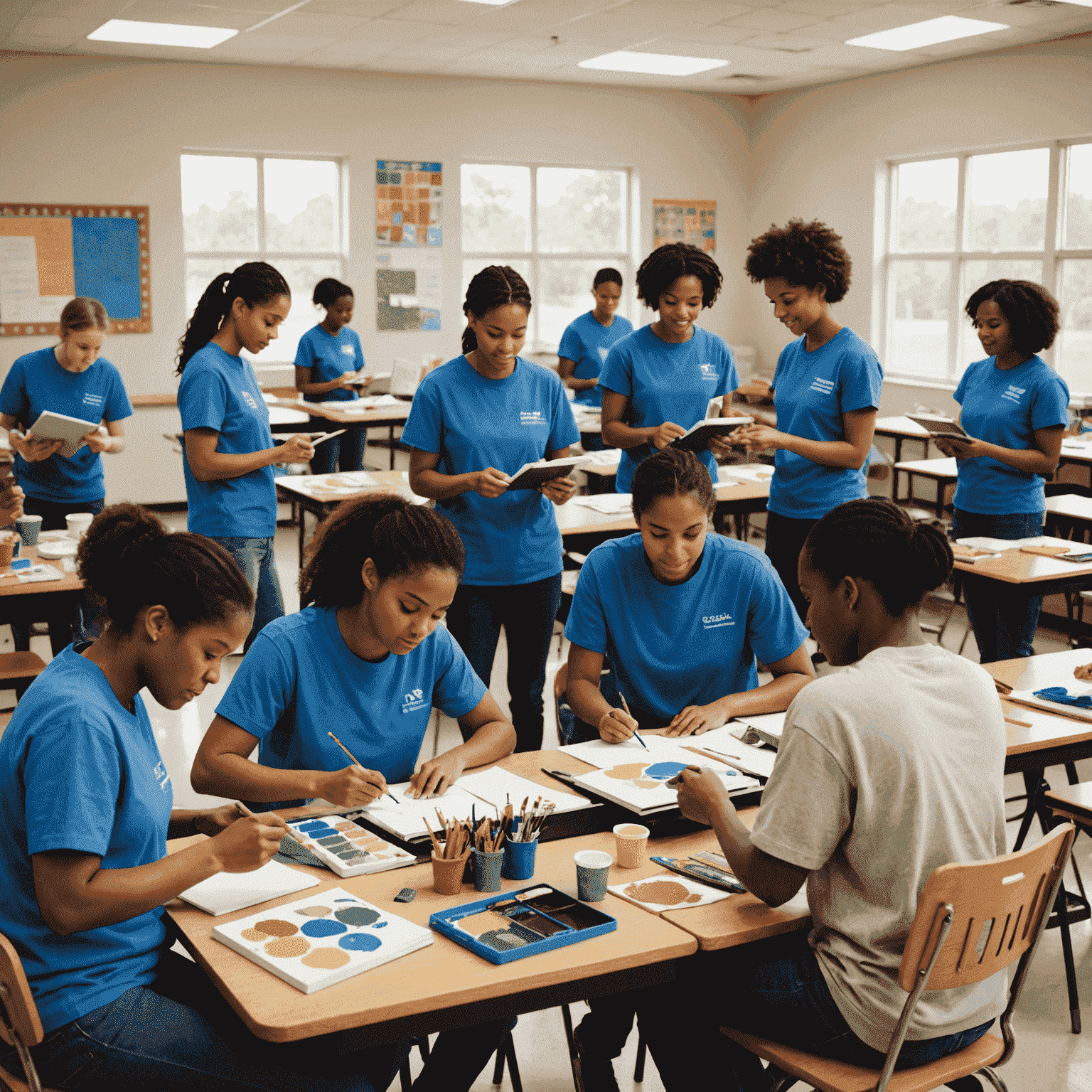 A group of diverse volunteers working together on an educational project. The image shows people painting a classroom, organizing books, and setting up computer equipment in a school setting.