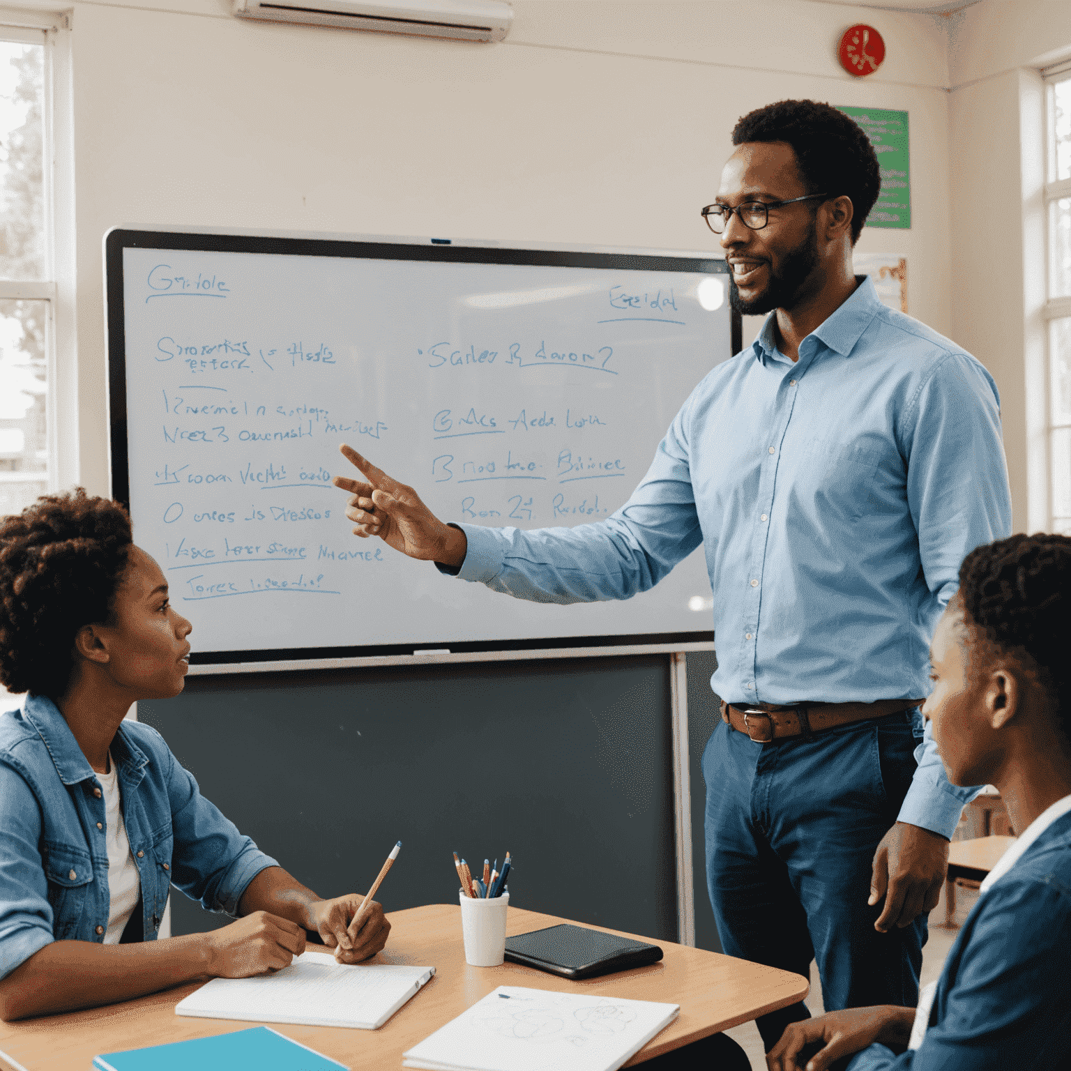 A South African teacher explaining a concept on a digital whiteboard to a diverse group of engaged students