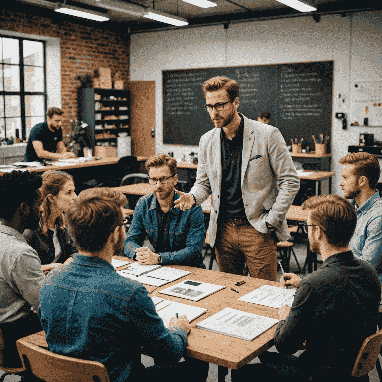 A mentor explaining a concept to a small group of attentive students in a modern, well-equipped workshop space