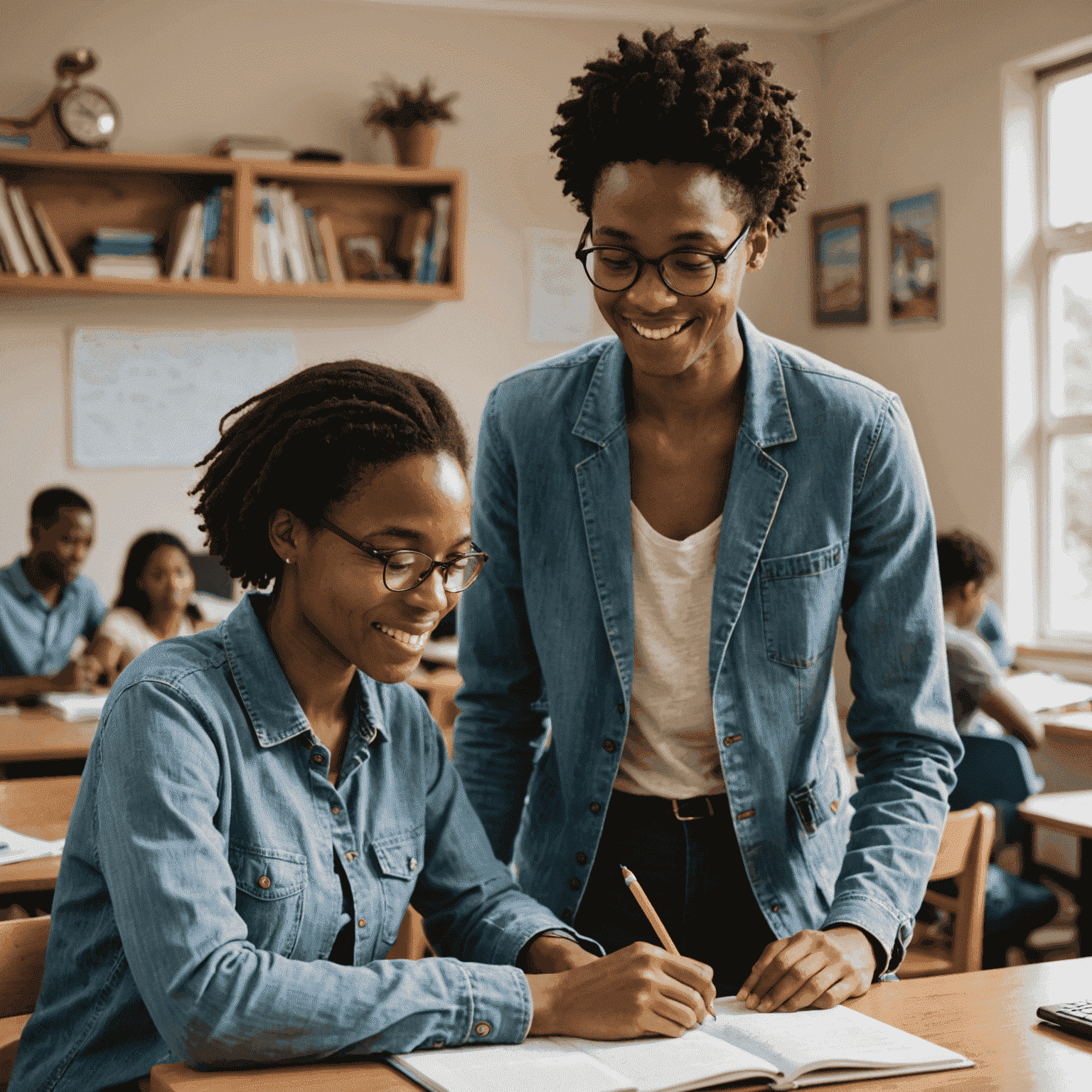A friendly South African tutor assisting a student with their studies in a comfortable, well-lit room