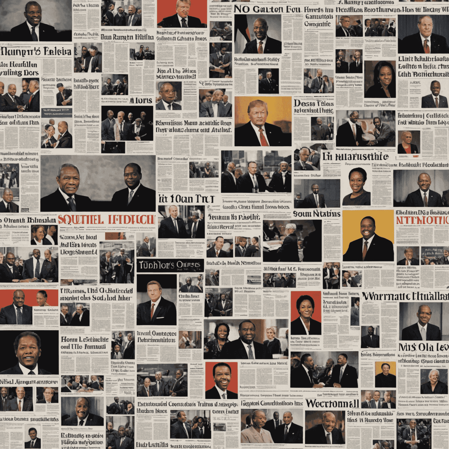 A collage of newspaper headlines and TV news broadcasts, showcasing various current events from South Africa and globally