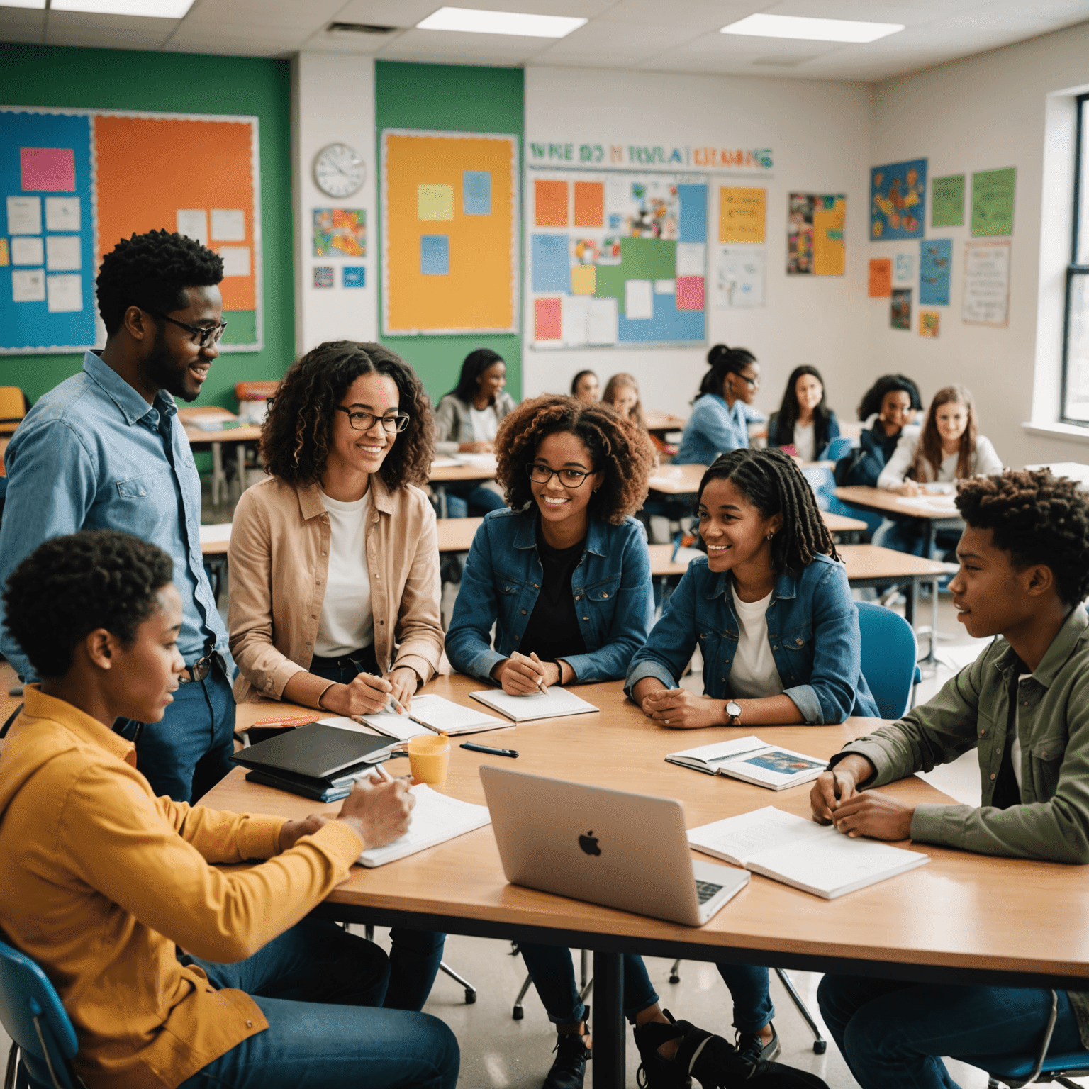 A diverse group of students and mentors engaged in a lively discussion in a bright, modern classroom setting