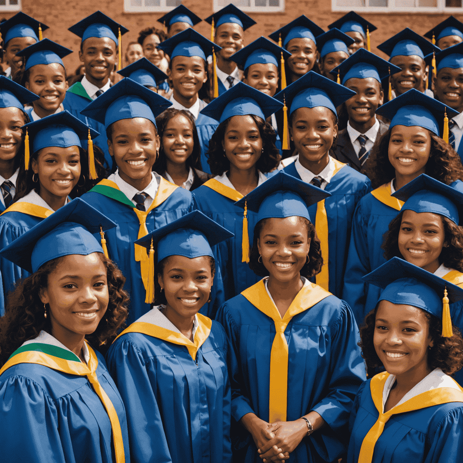 A diverse group of South African students and educators celebrating graduation, symbolizing the bright future of education in the country