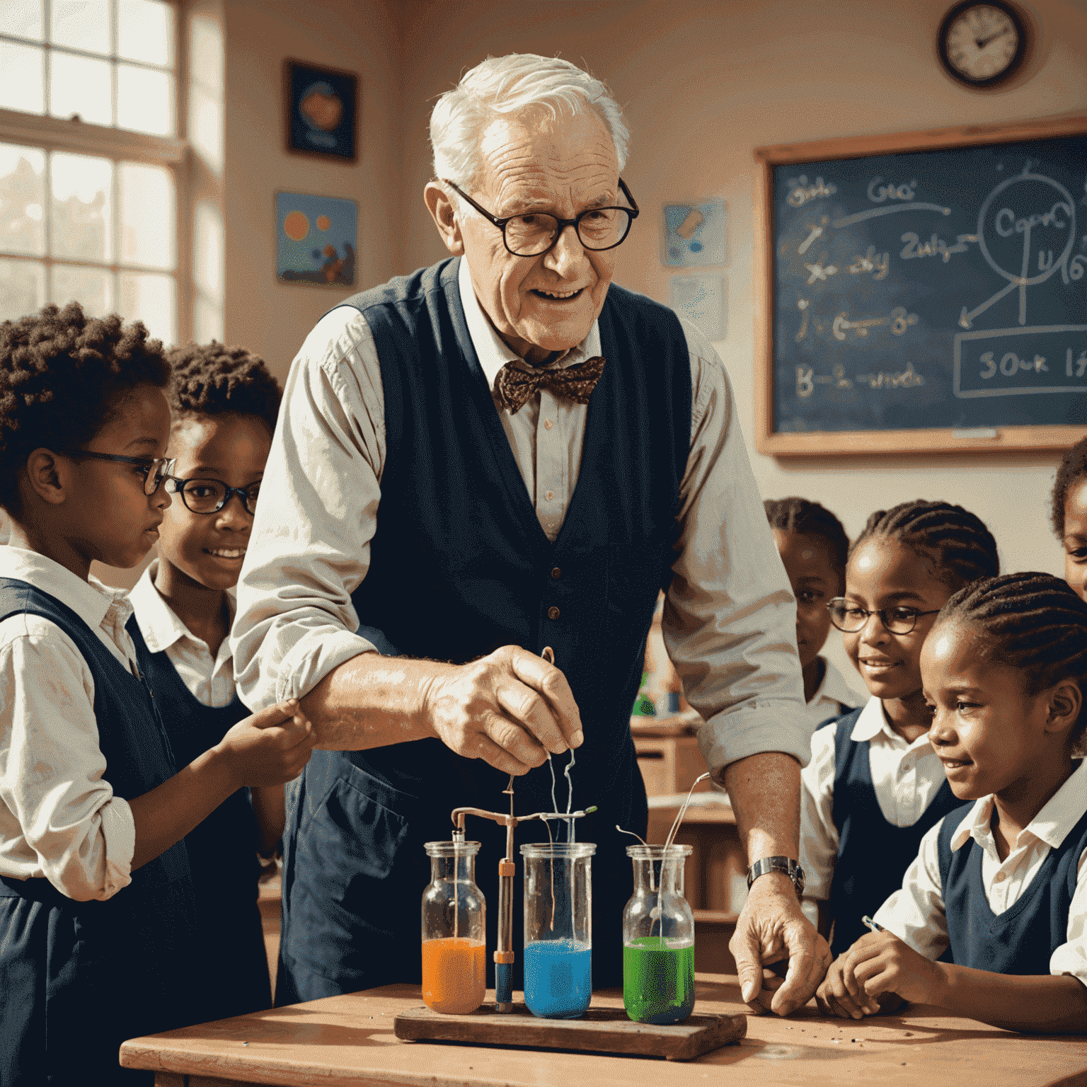 James van der Merwe, an elderly man with glasses, demonstrating a science experiment to excited primary school children