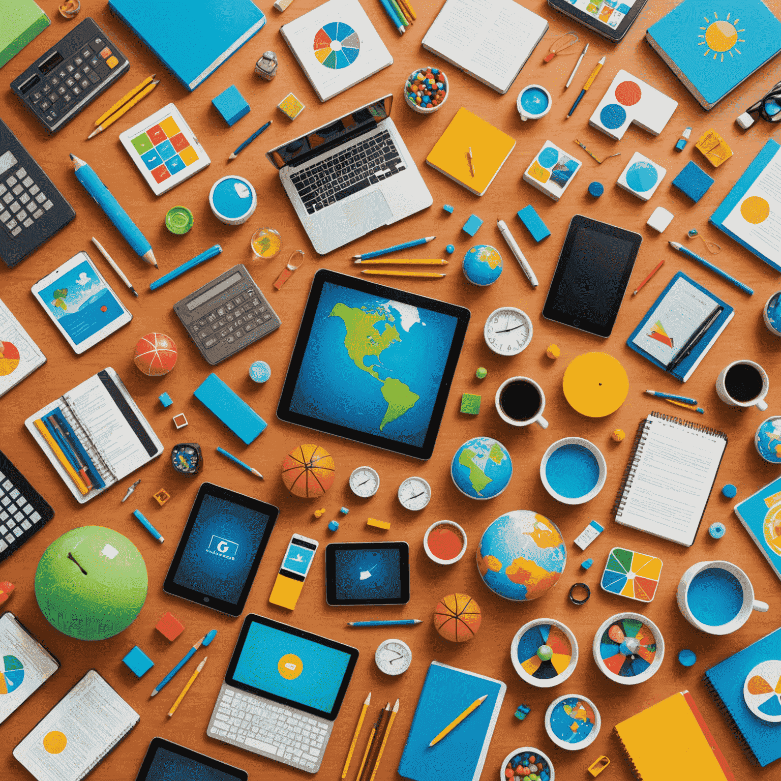 A collection of educational materials including textbooks, tablets, and interactive learning tools. The image shows a variety of subjects represented, from science to literature, in a colorful and engaging display.