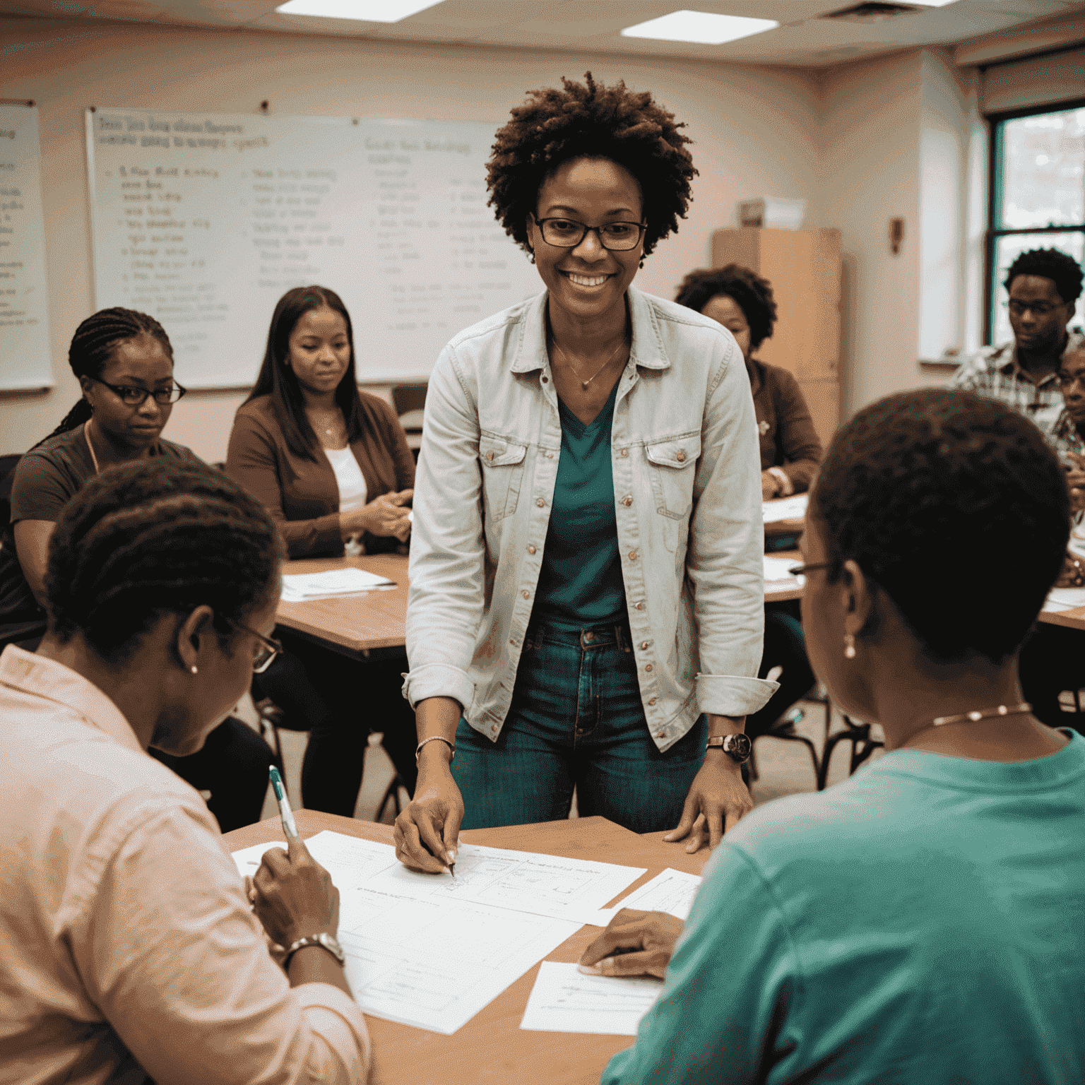 A volunteer leading a workshop for a group of engaged community members, demonstrating the power of skill-sharing