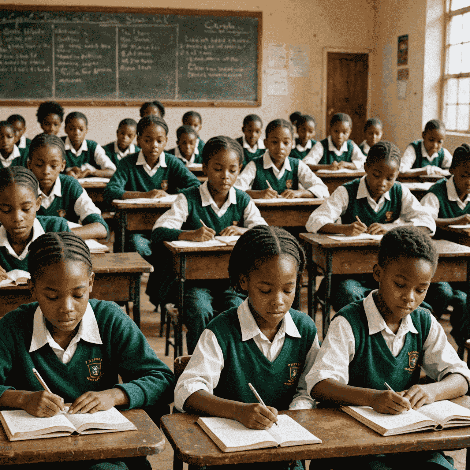 A montage of South African students in various learning environments, from rural schools to modern classrooms, symbolizing educational diversity and progress