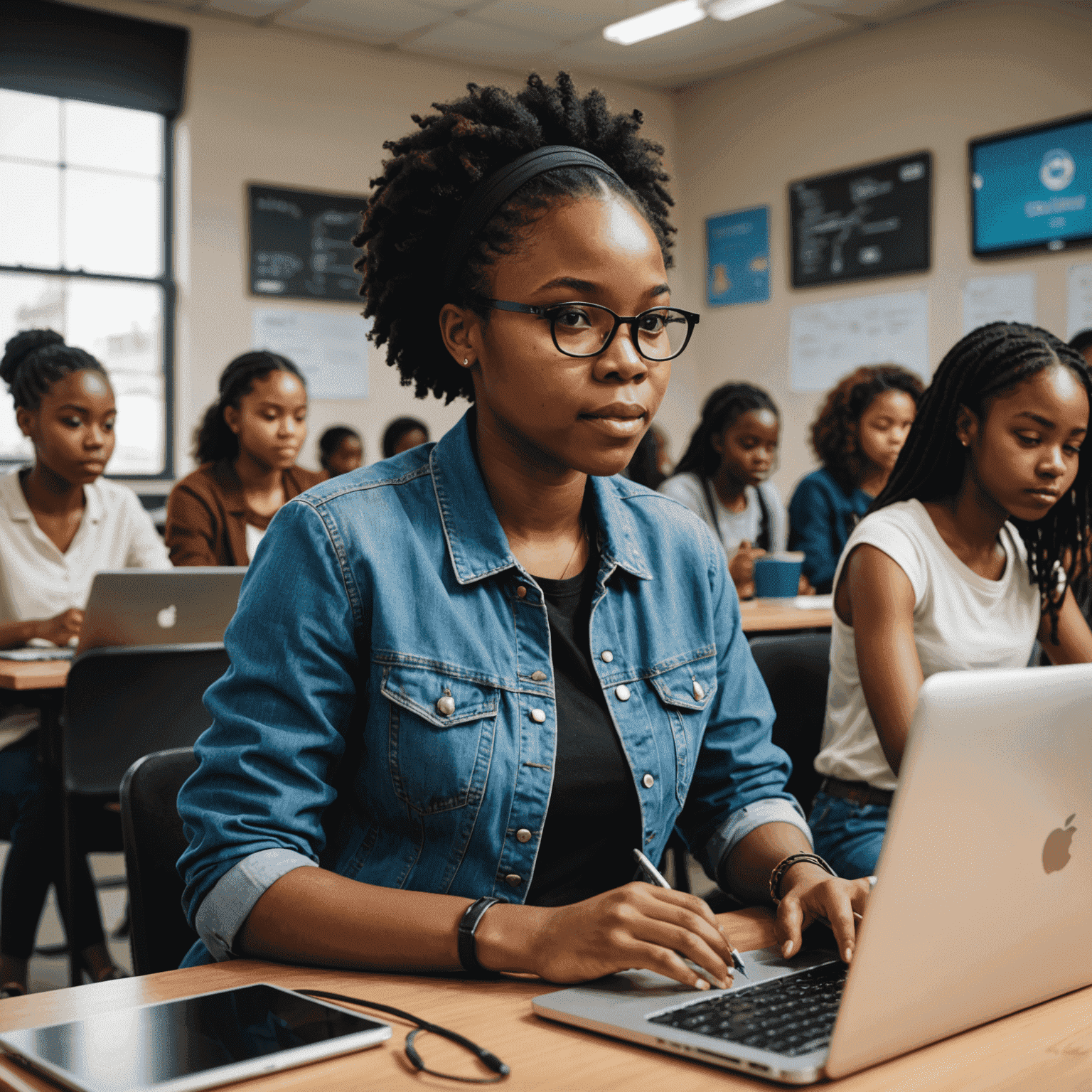 Zandile Nkosi, a young professional woman, leading a coding workshop with a diverse group of teenage girls