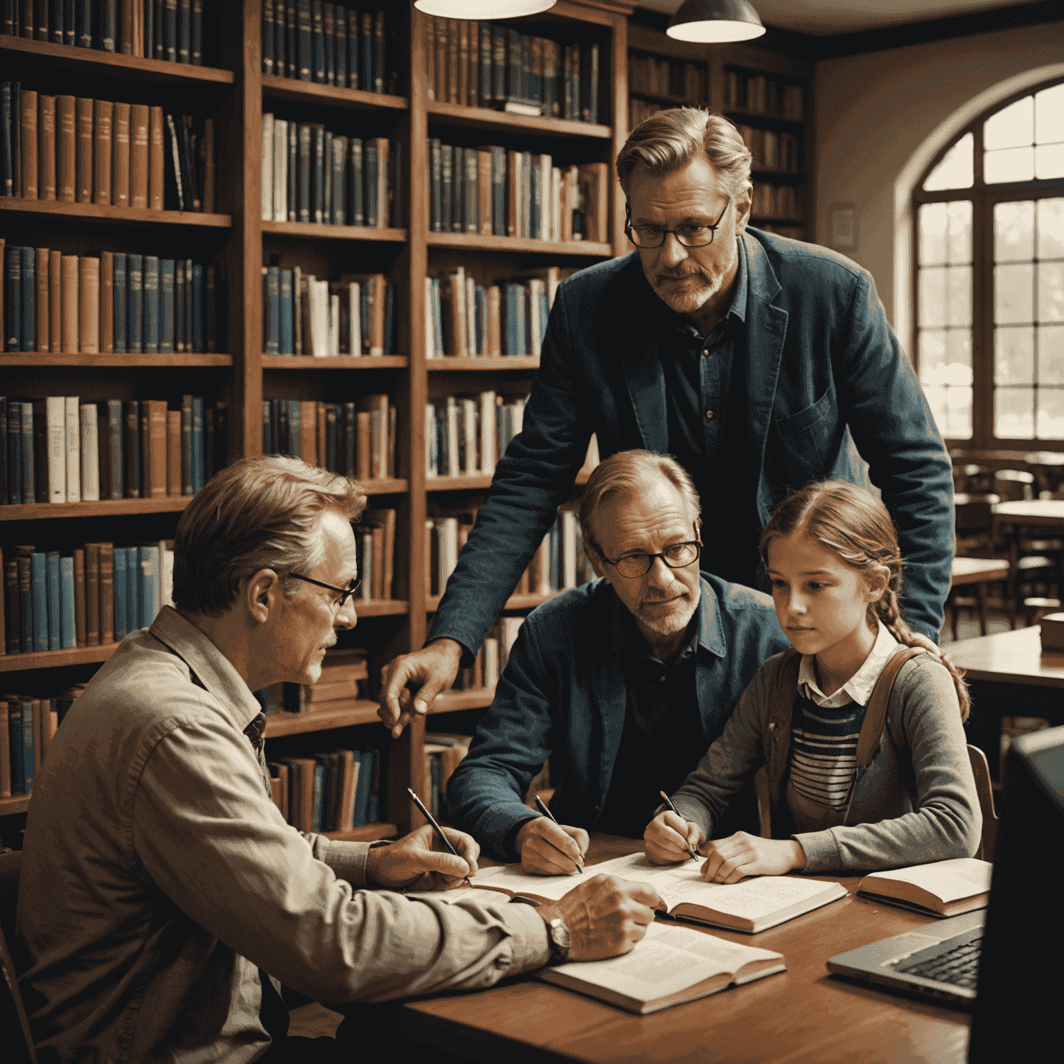 Pieter Botha, a middle-aged man with a friendly demeanor, tutoring a small group of students in a library setting