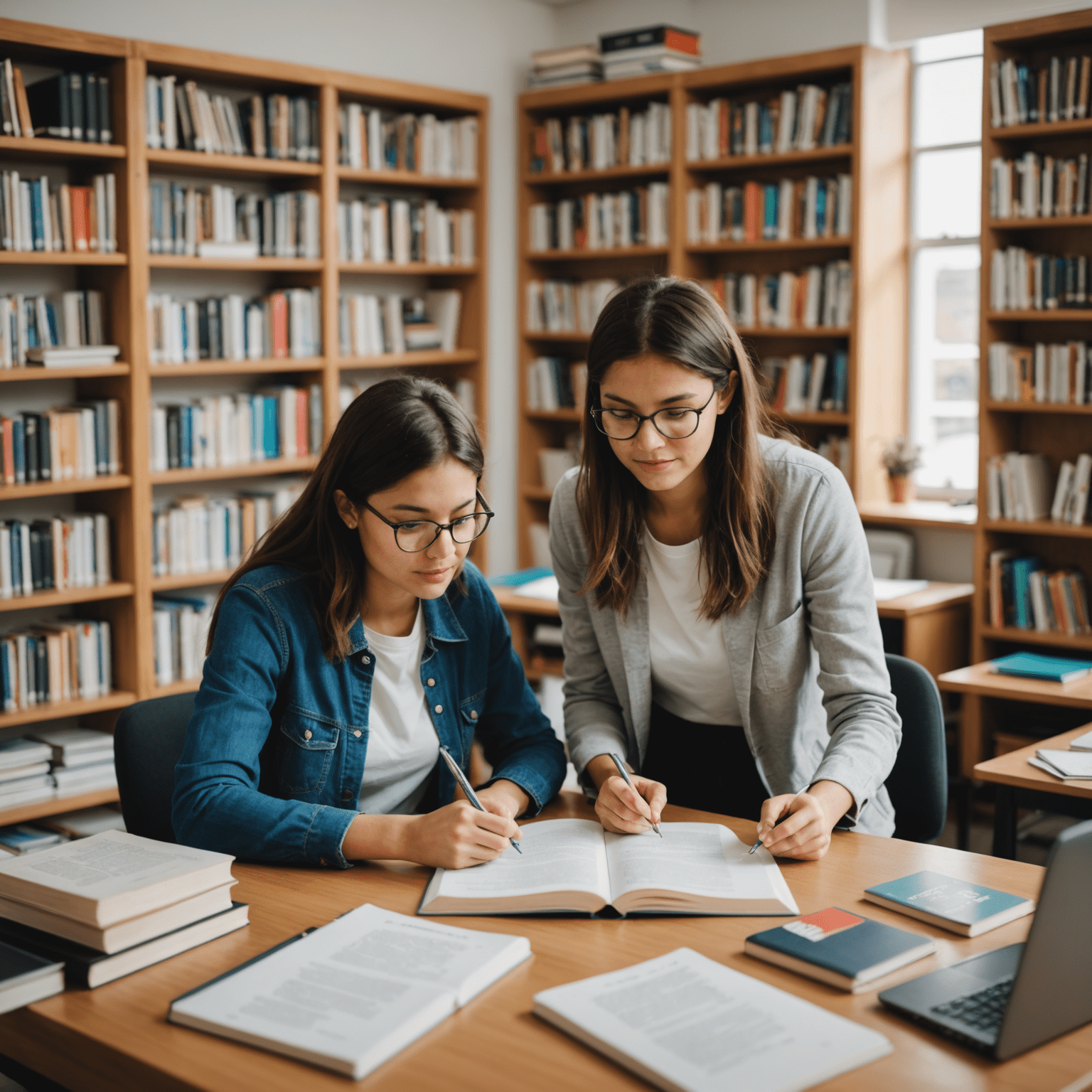 A one-on-one tutoring session in progress. The image shows a tutor and student working together at a desk, surrounded by books and a computer, in a bright and comfortable study environment.