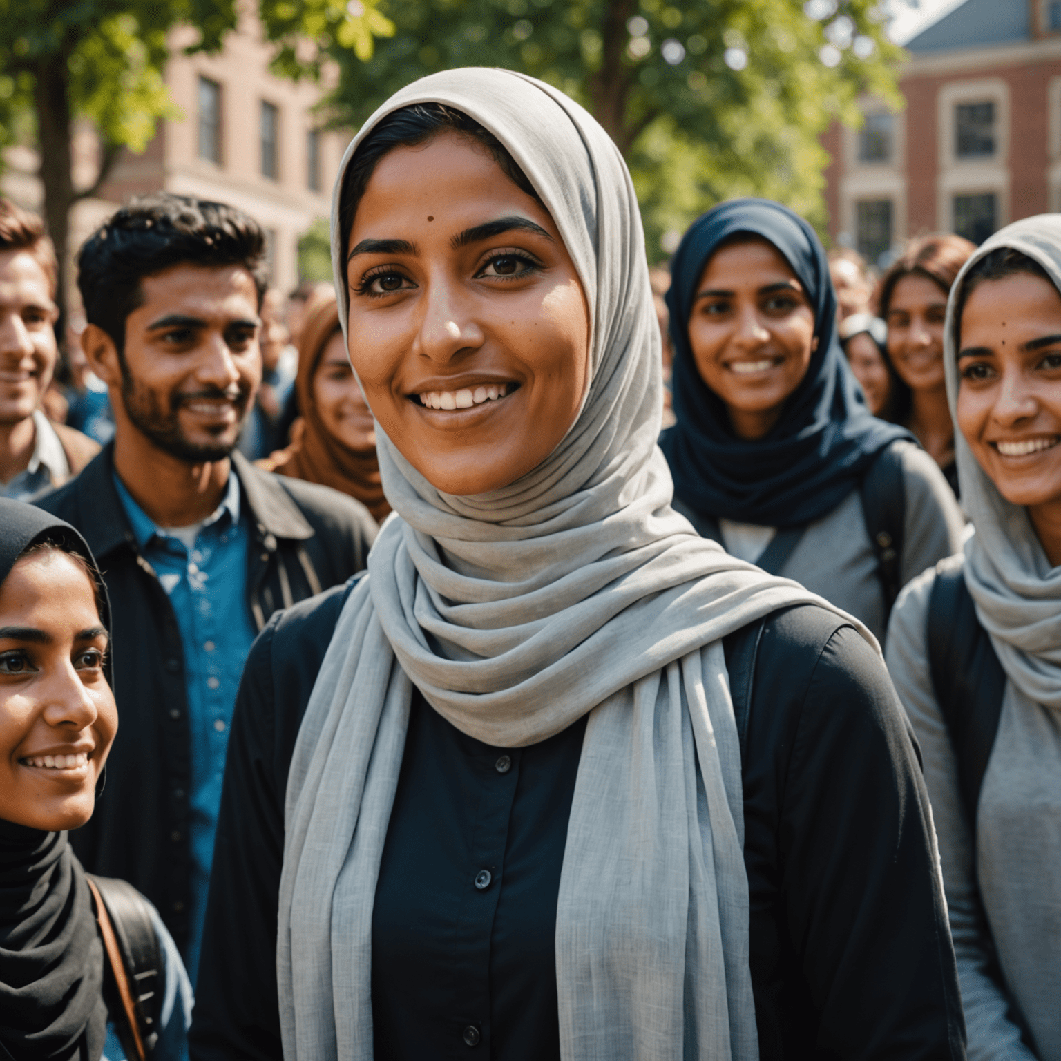 Fatima Patel, a woman wearing a hijab, enthusiastically explaining a complex topic to a diverse group of university students